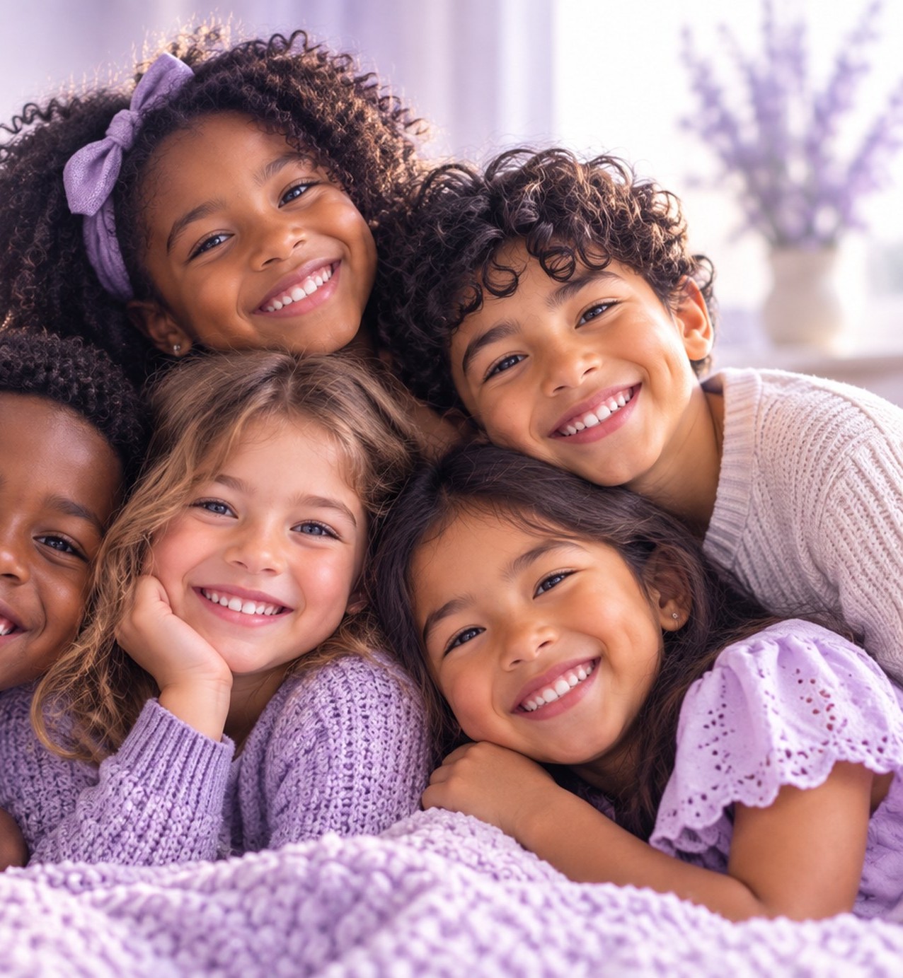 Five smiling children of different ethnicities lying together on a soft lavender blanket
